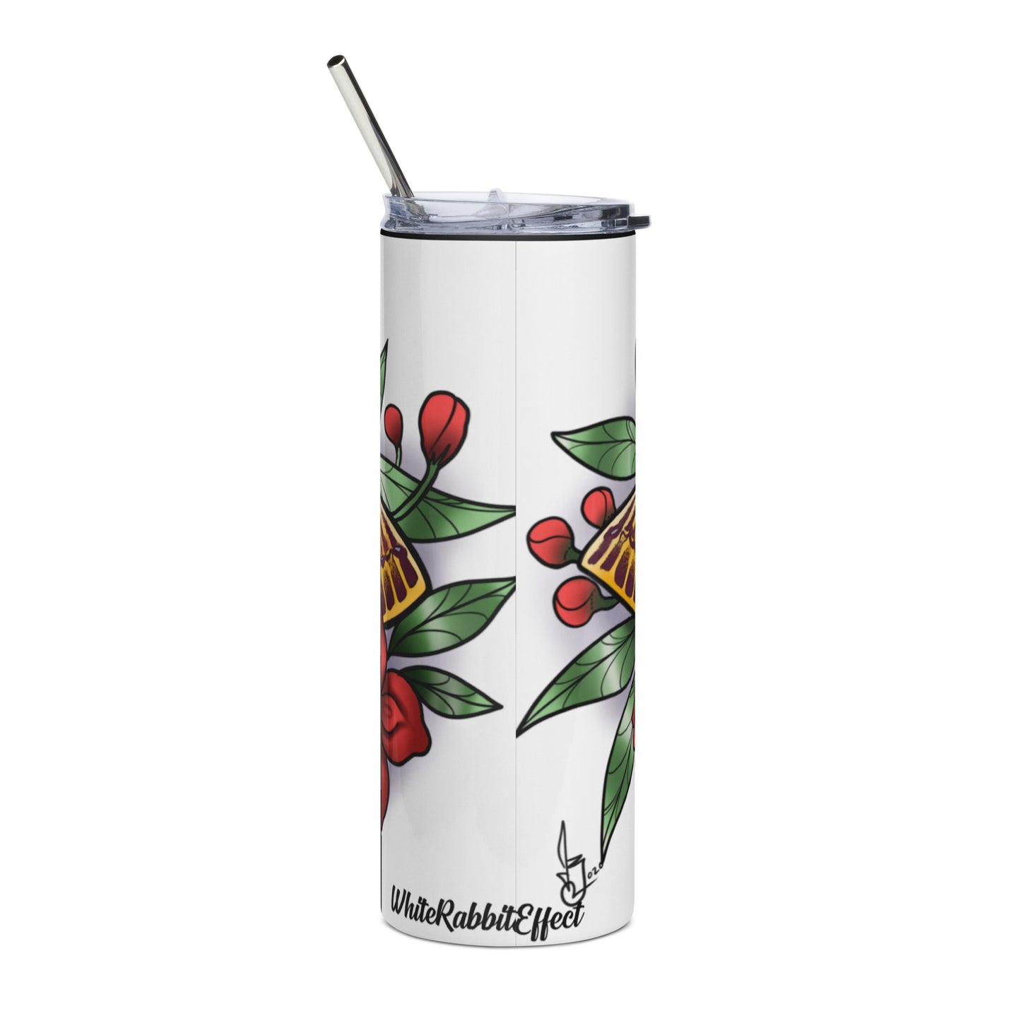 Stainless steel tumbler-"Pink Moth/Red Flowers"