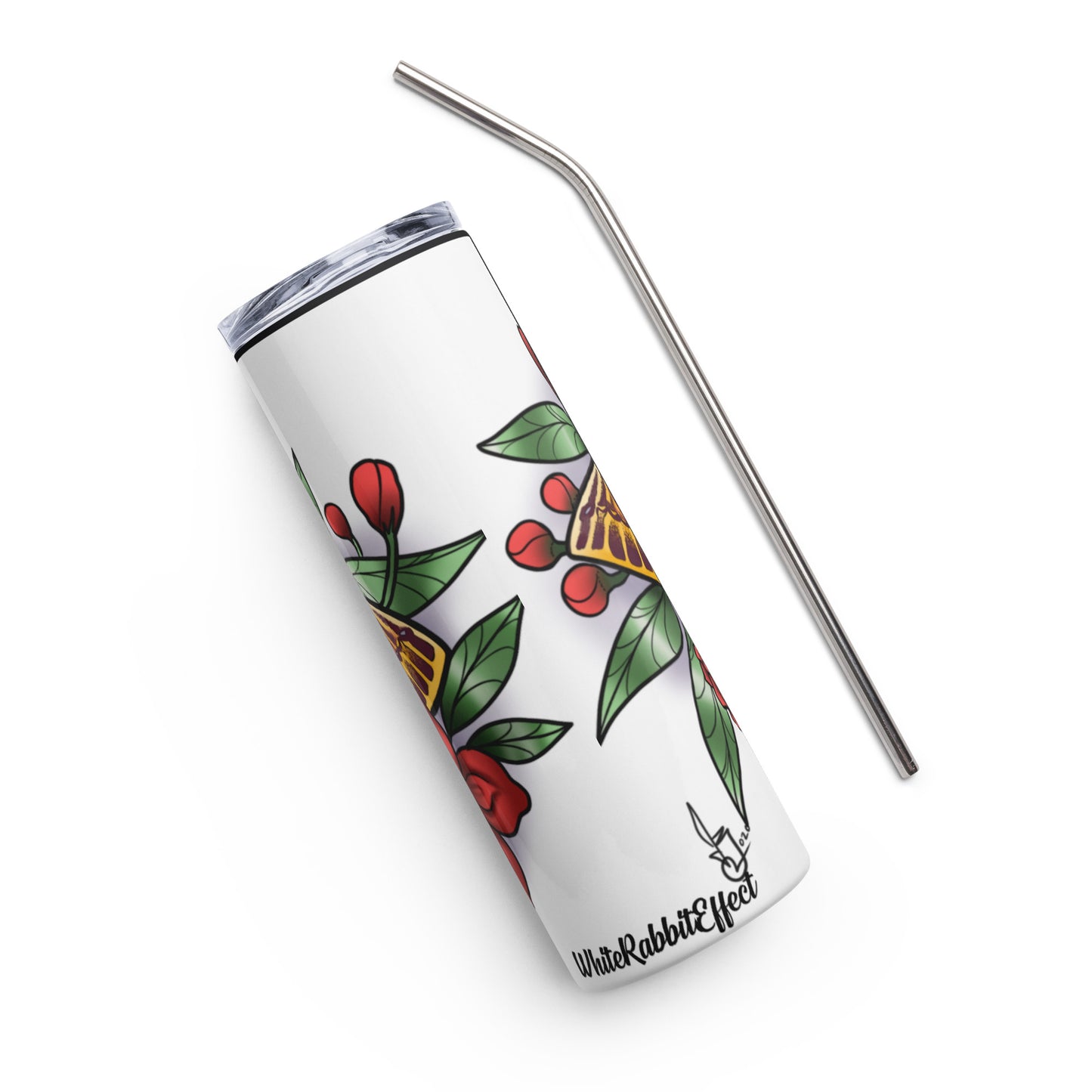 Stainless steel tumbler-"Pink Moth/Red Flowers"