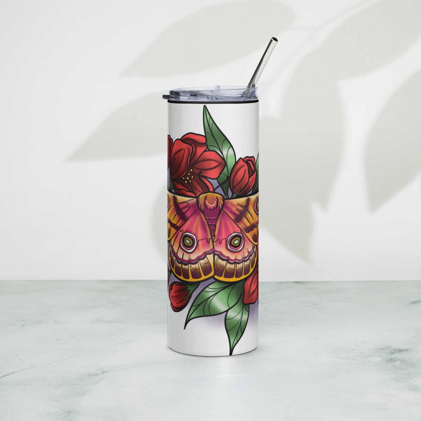 Stainless steel tumbler-"Pink Moth/Red Flowers"