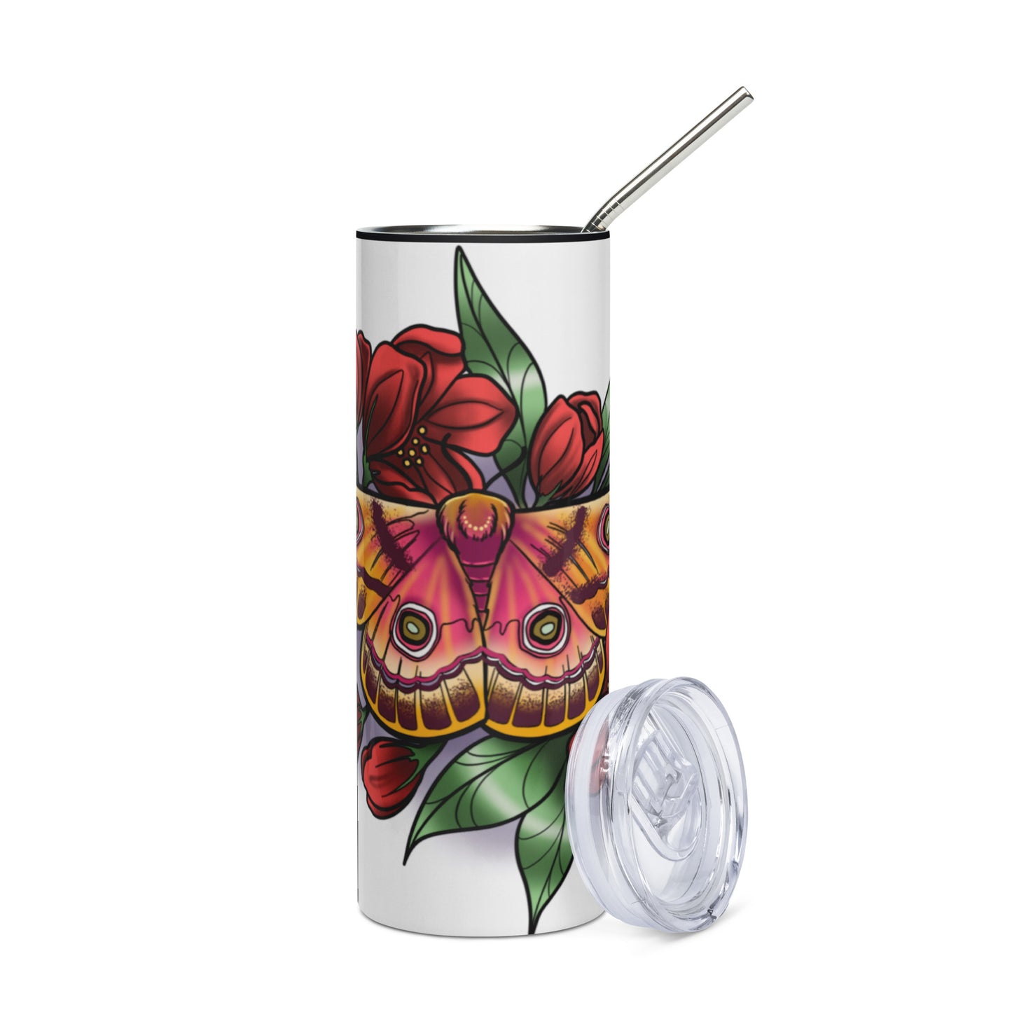 Stainless steel tumbler-"Pink Moth/Red Flowers"