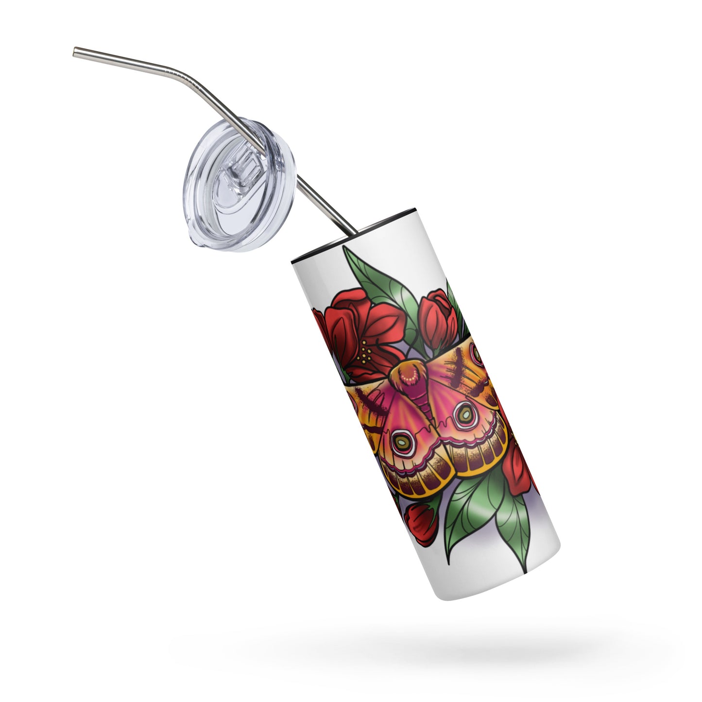 Stainless steel tumbler-"Pink Moth/Red Flowers"