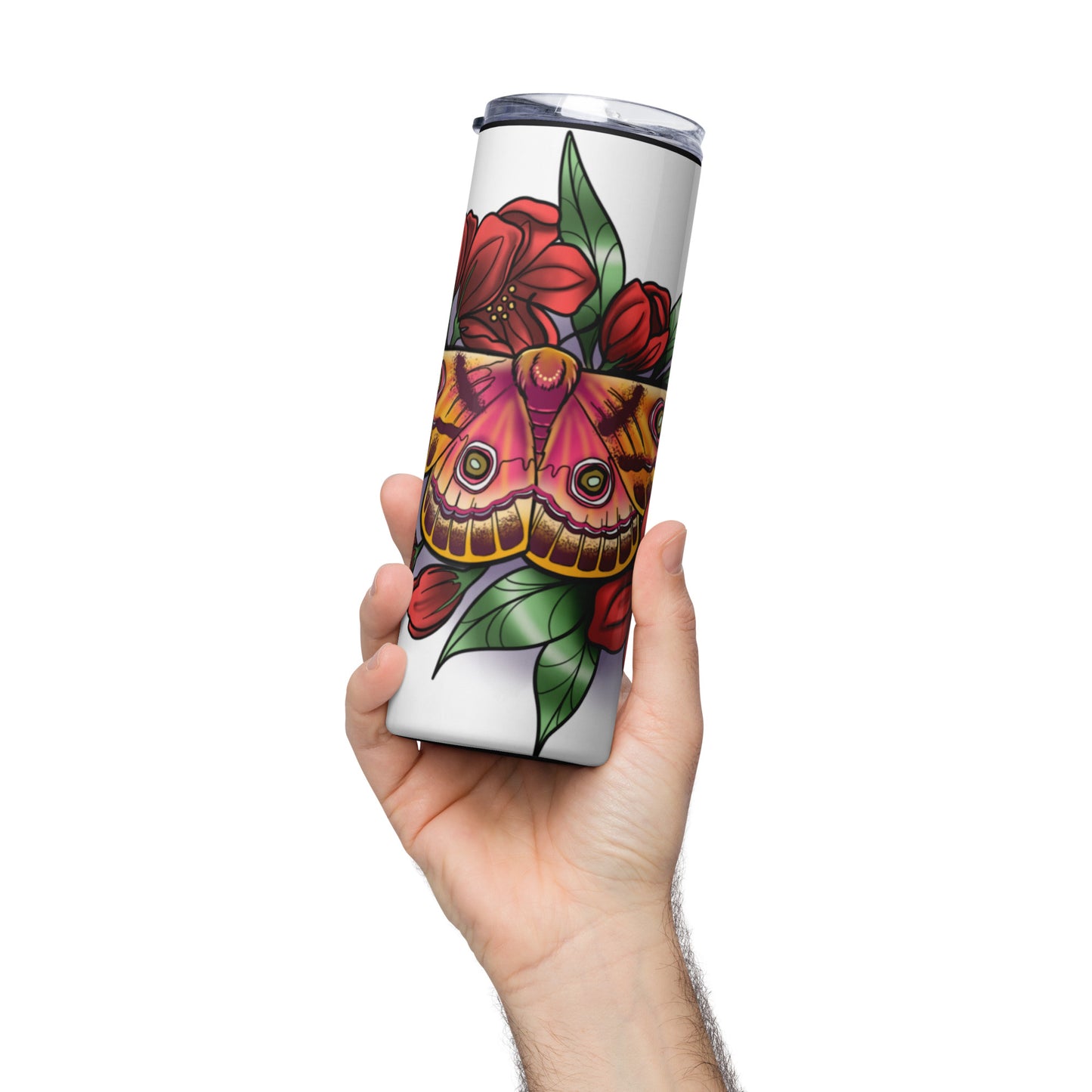 Stainless steel tumbler-"Pink Moth/Red Flowers"