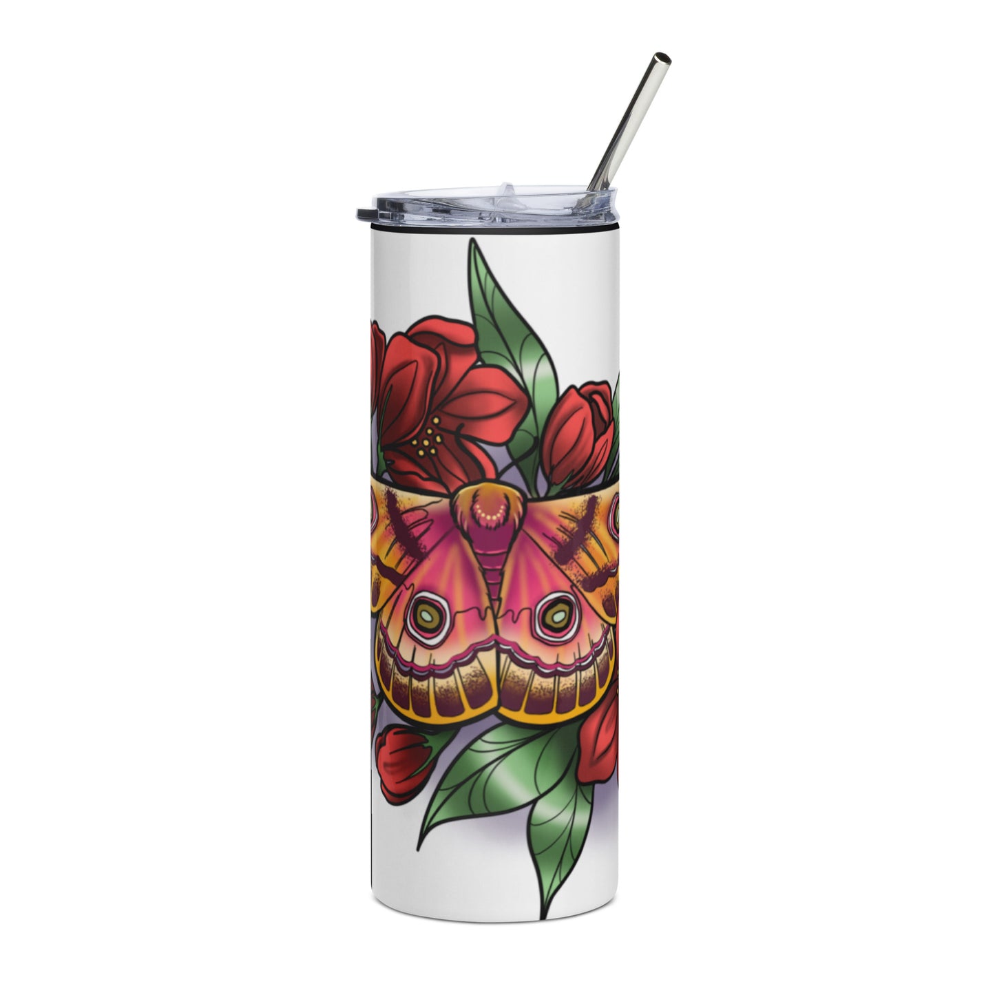 Stainless steel tumbler-"Pink Moth/Red Flowers"