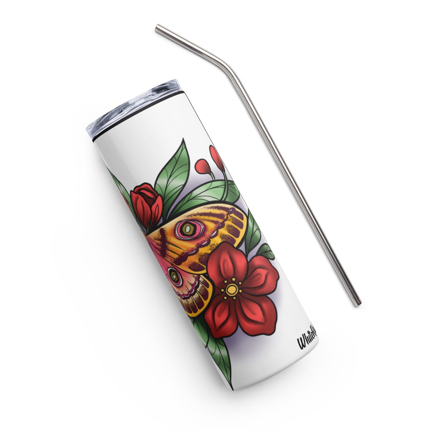 Stainless steel tumbler-"Pink Moth/Red Flowers"