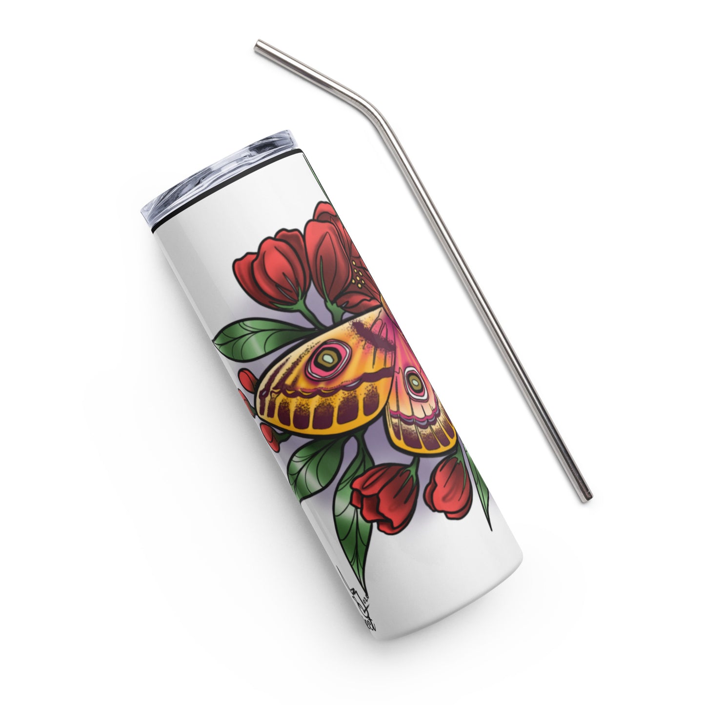 Stainless steel tumbler-"Pink Moth/Red Flowers"