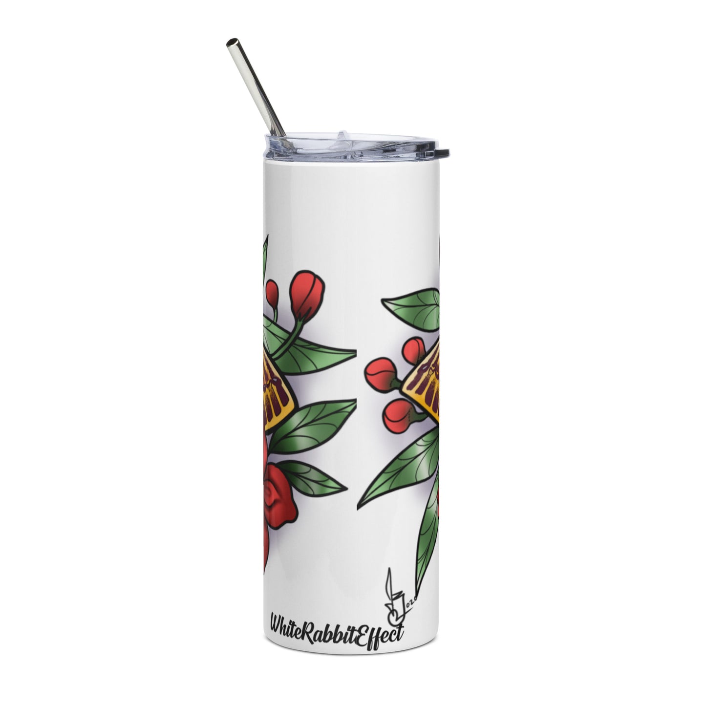 Stainless steel tumbler-"Pink Moth/Red Flowers"