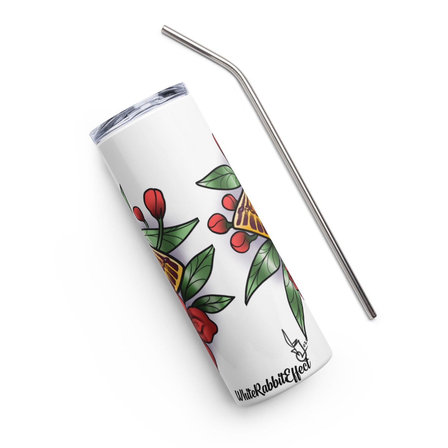 Stainless steel tumbler-"Pink Moth/Red Flowers"