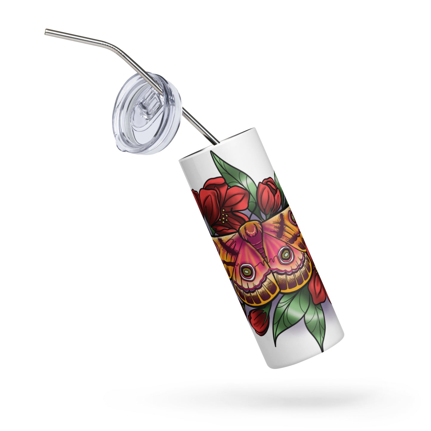 Stainless steel tumbler-"Pink Moth/Red Flowers"