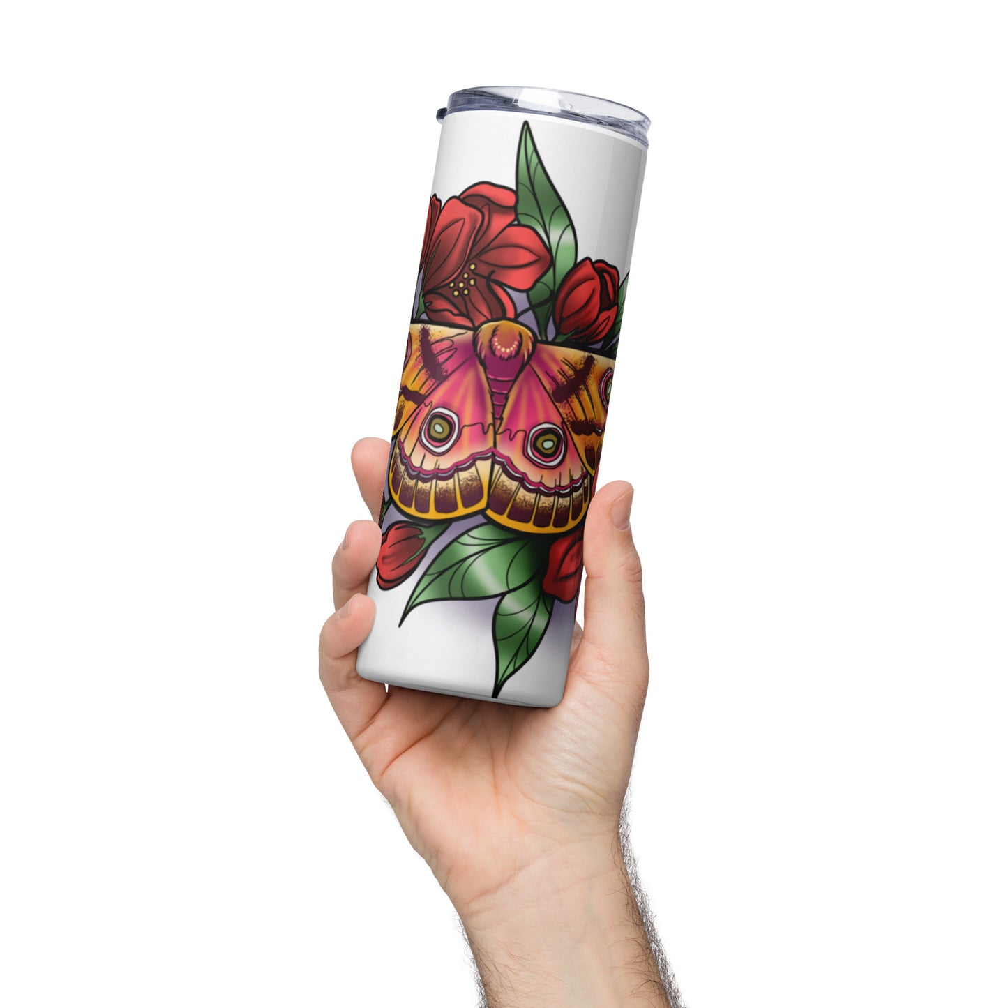 Stainless steel tumbler-"Pink Moth/Red Flowers"