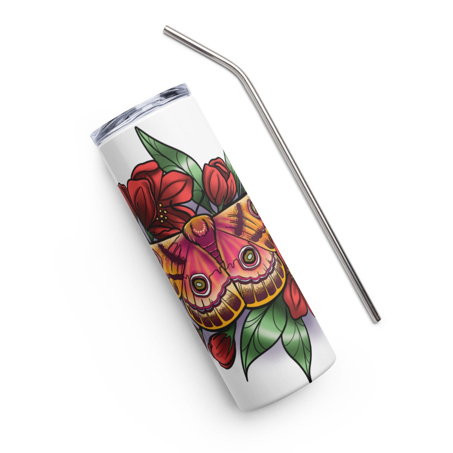 Stainless steel tumbler-"Pink Moth/Red Flowers"