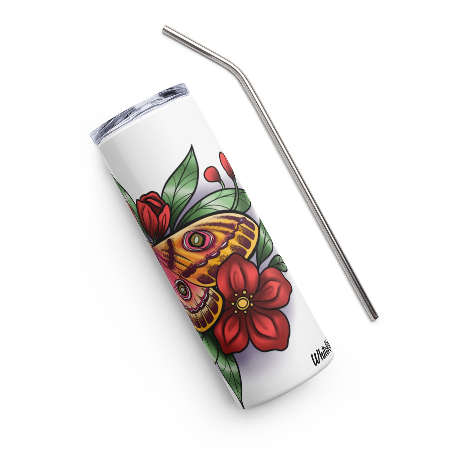 Stainless steel tumbler-"Pink Moth/Red Flowers"