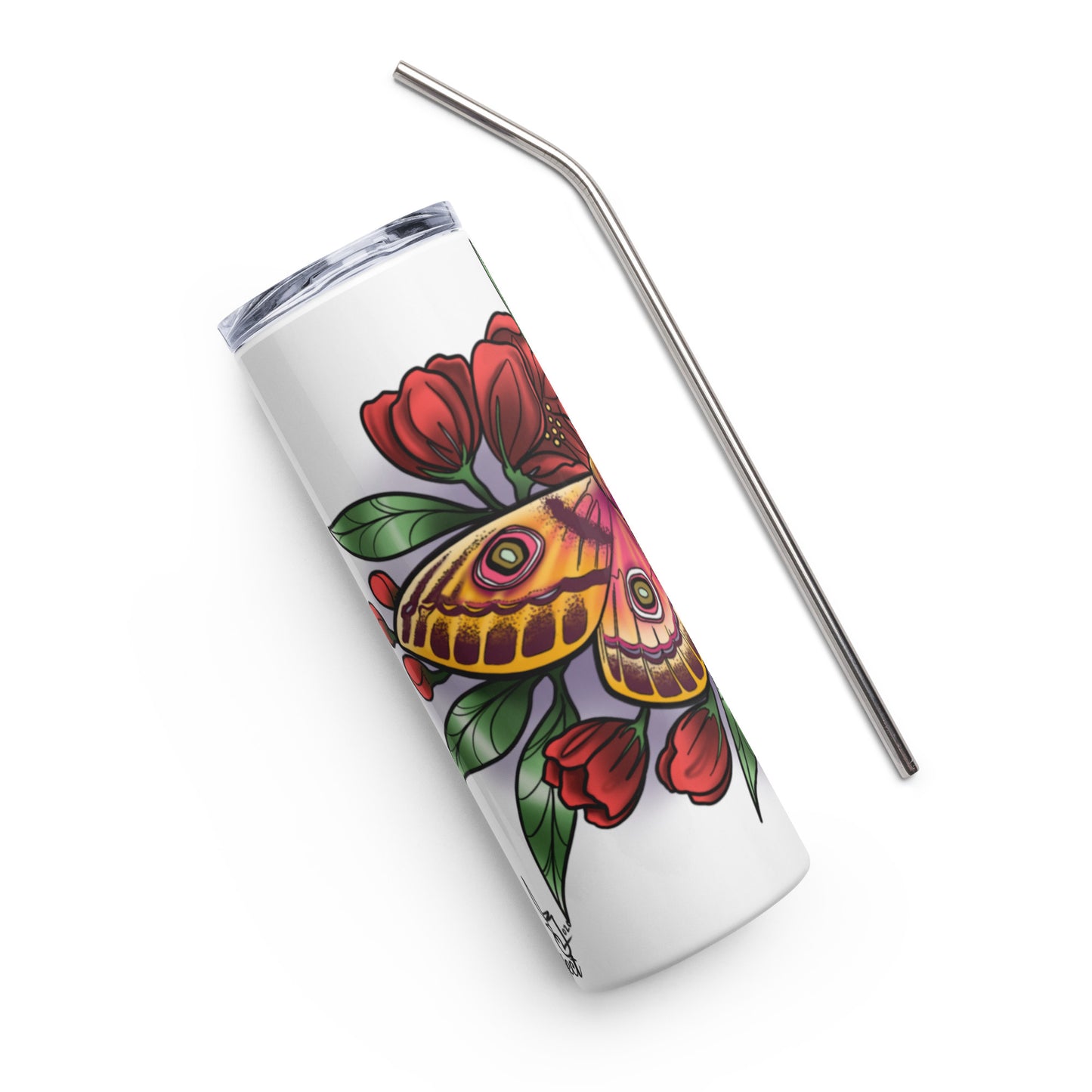 Stainless steel tumbler-"Pink Moth/Red Flowers"