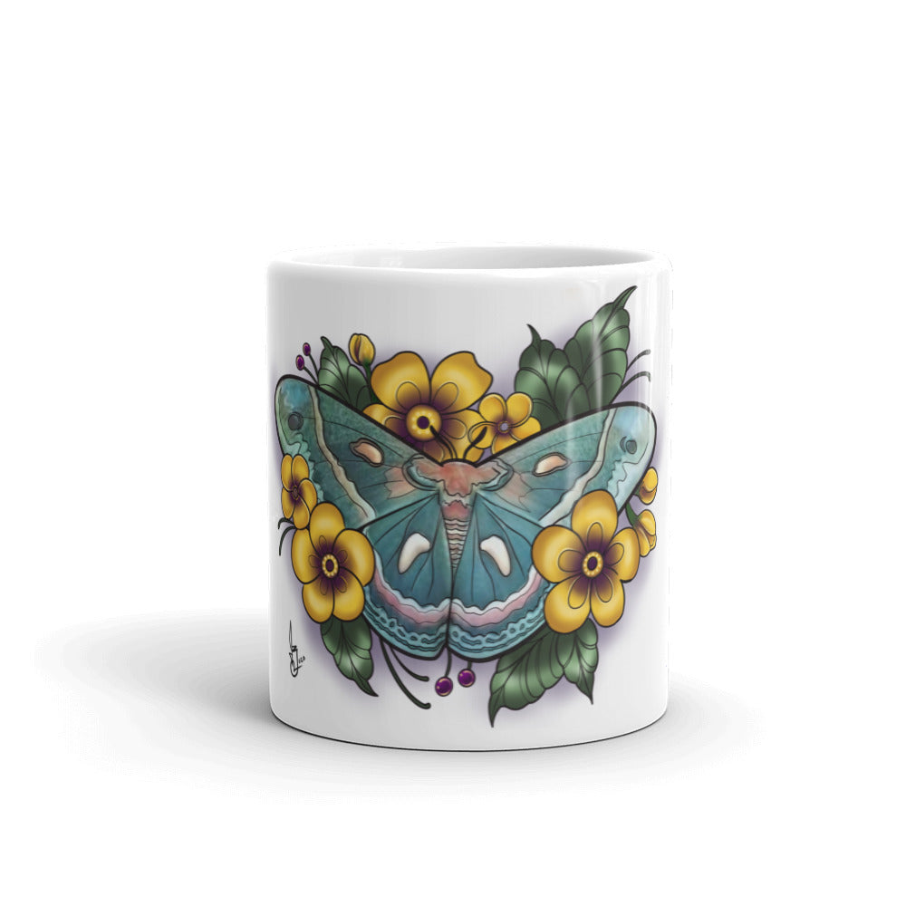 White glossy mug _ Blue Moth Yellow Fower