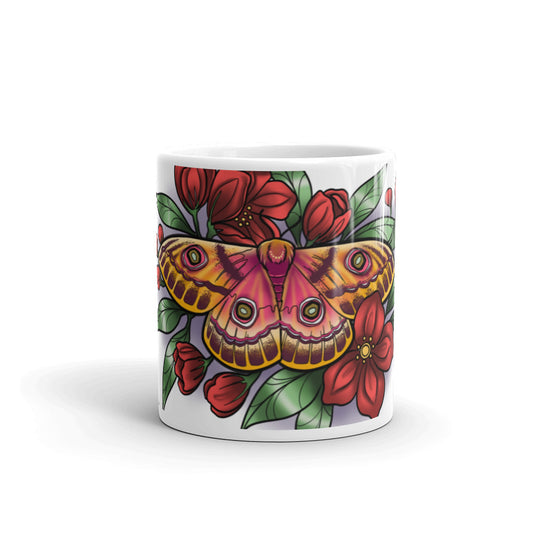 White glossy mug - (Pink Moth, Red Flowers)