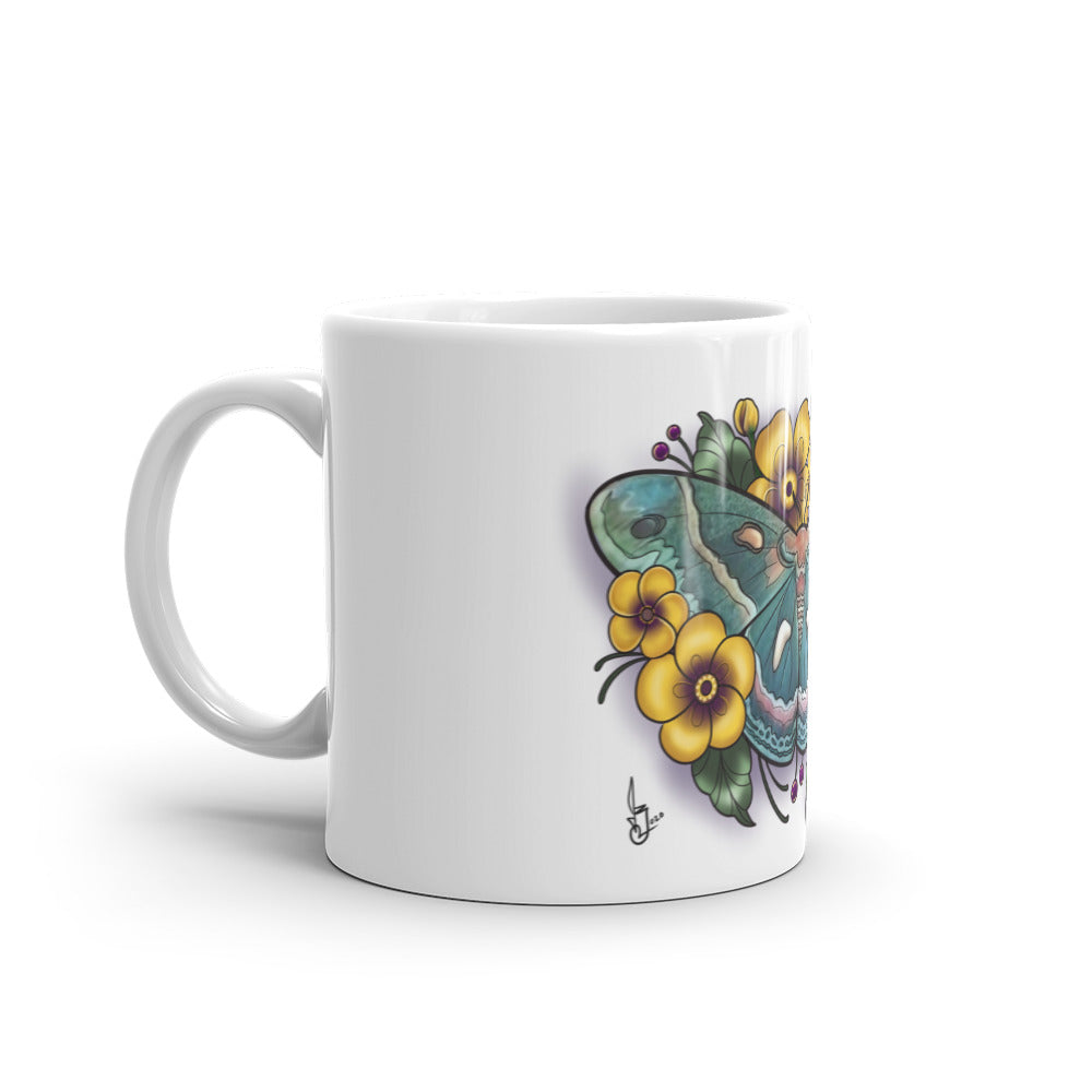 White glossy mug _ Blue Moth Yellow Fower