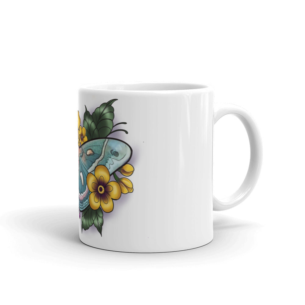 White glossy mug _ Blue Moth Yellow Fower