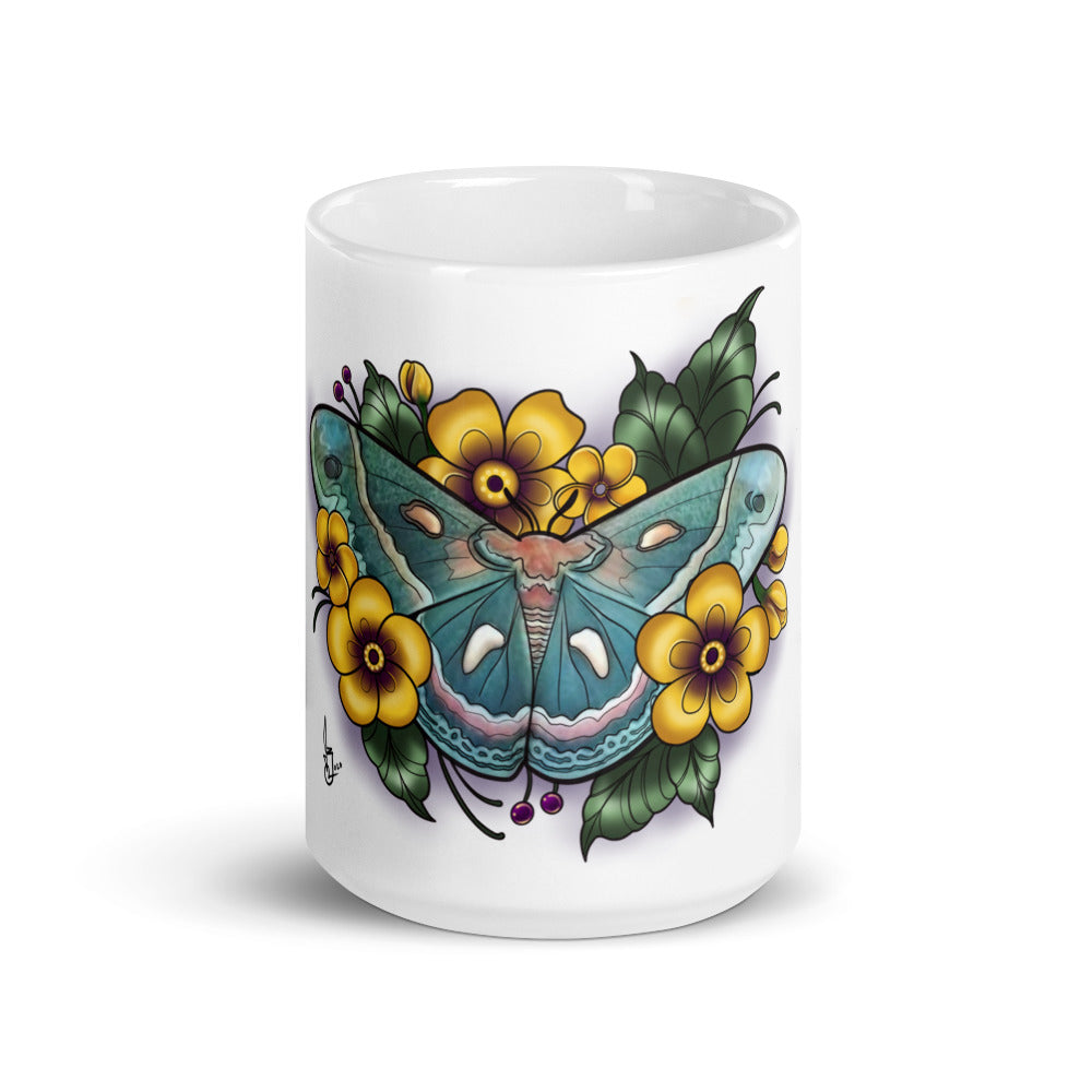 White glossy mug _ Blue Moth Yellow Fower