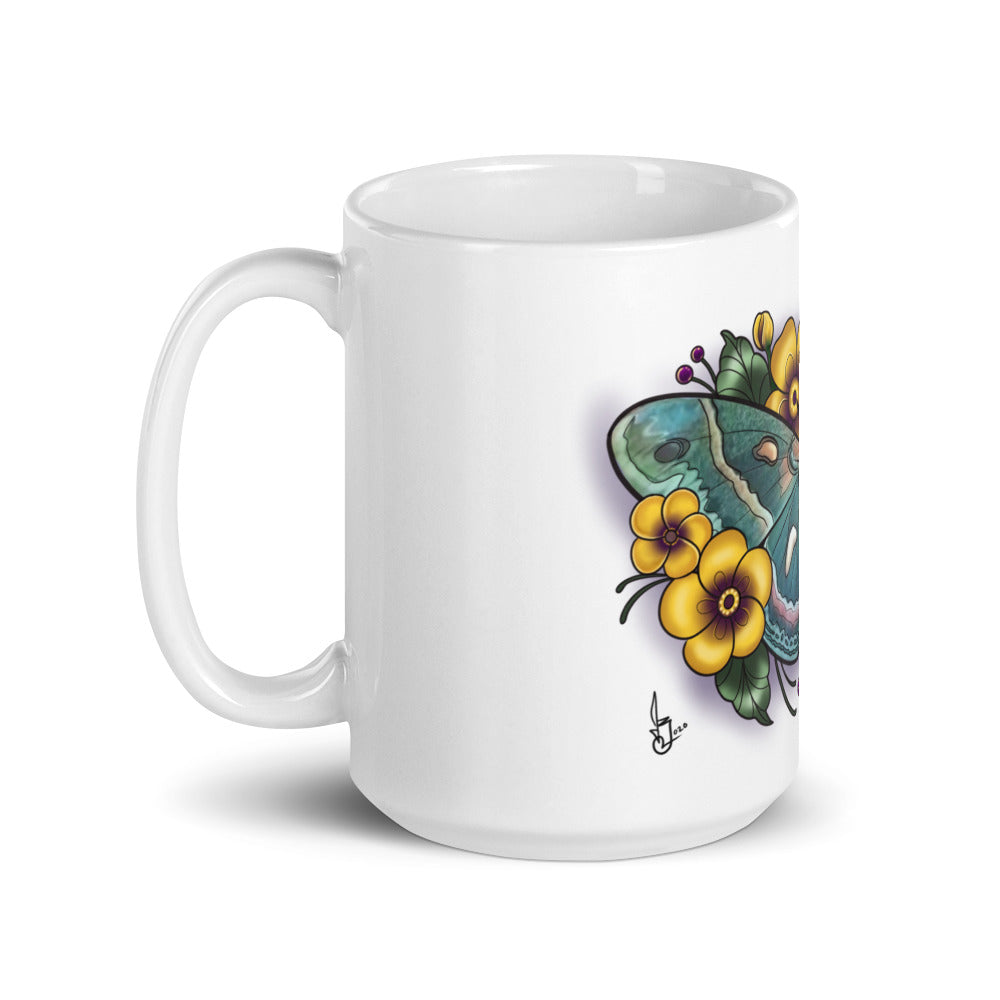 White glossy mug _ Blue Moth Yellow Fower