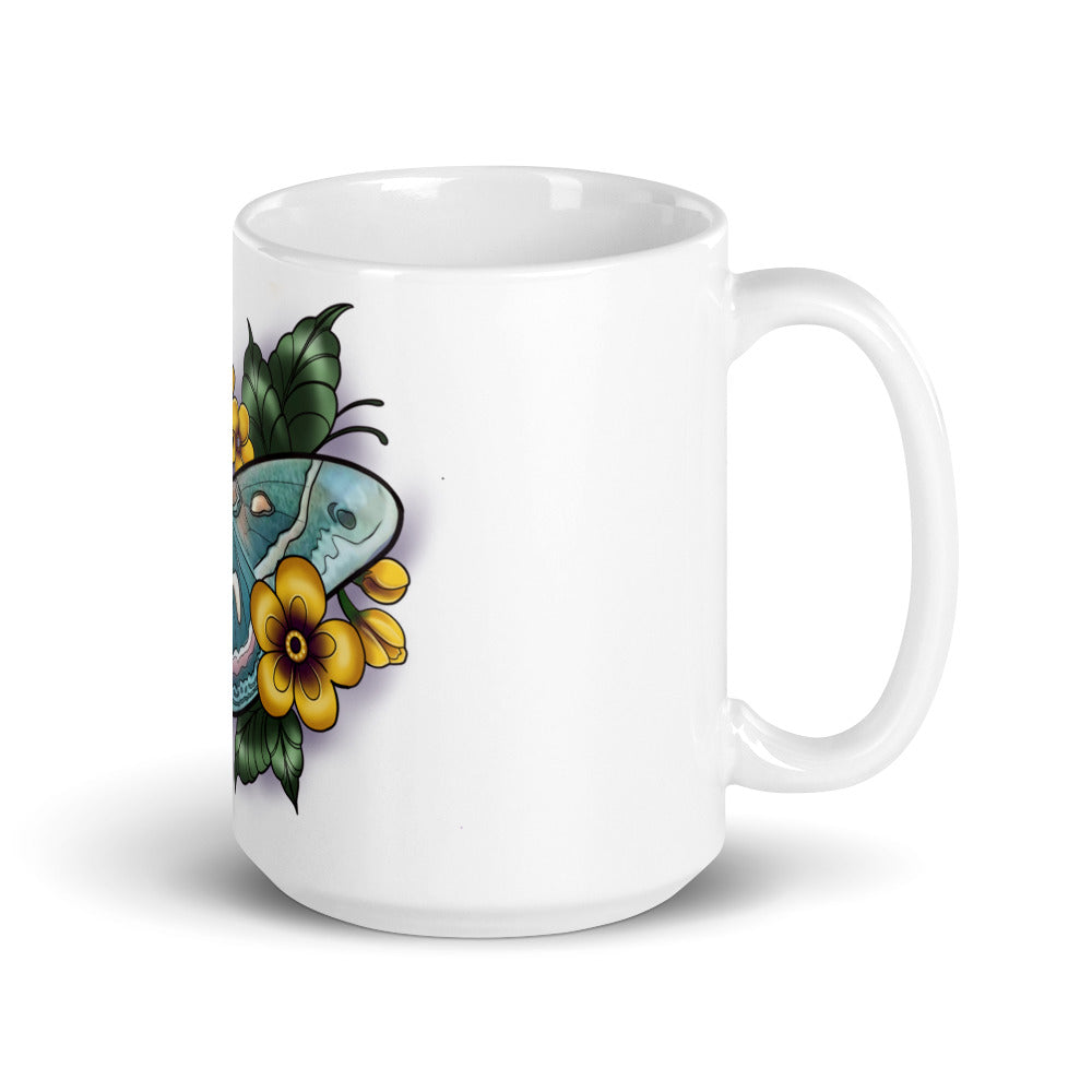 White glossy mug _ Blue Moth Yellow Fower